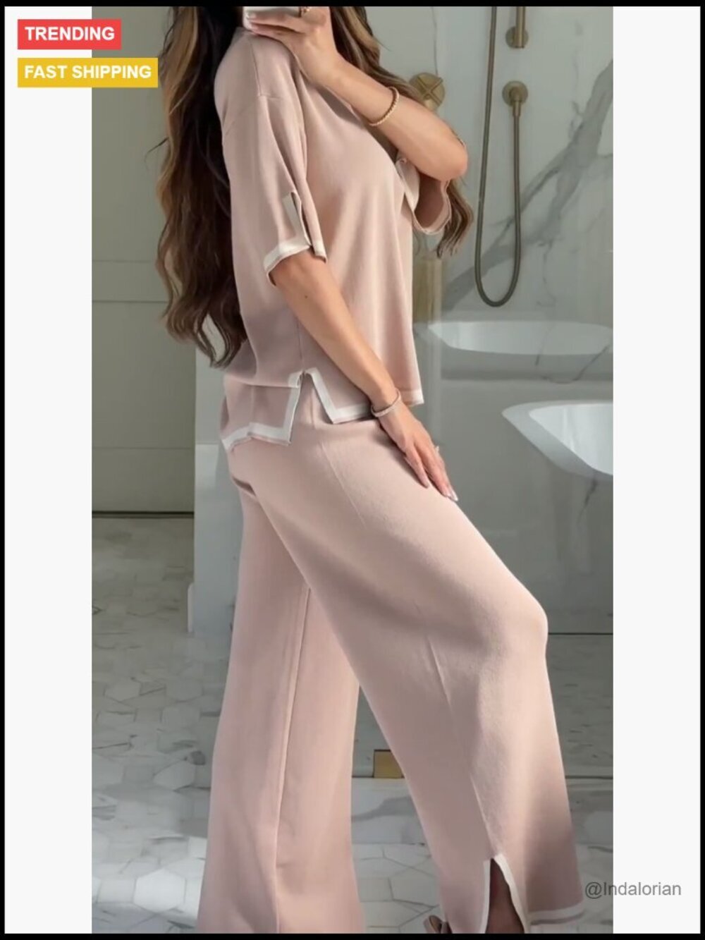 Short Sleeve Knit Pullover Top Wide Leg Pants Lounge Set - Picture 7 of 7
